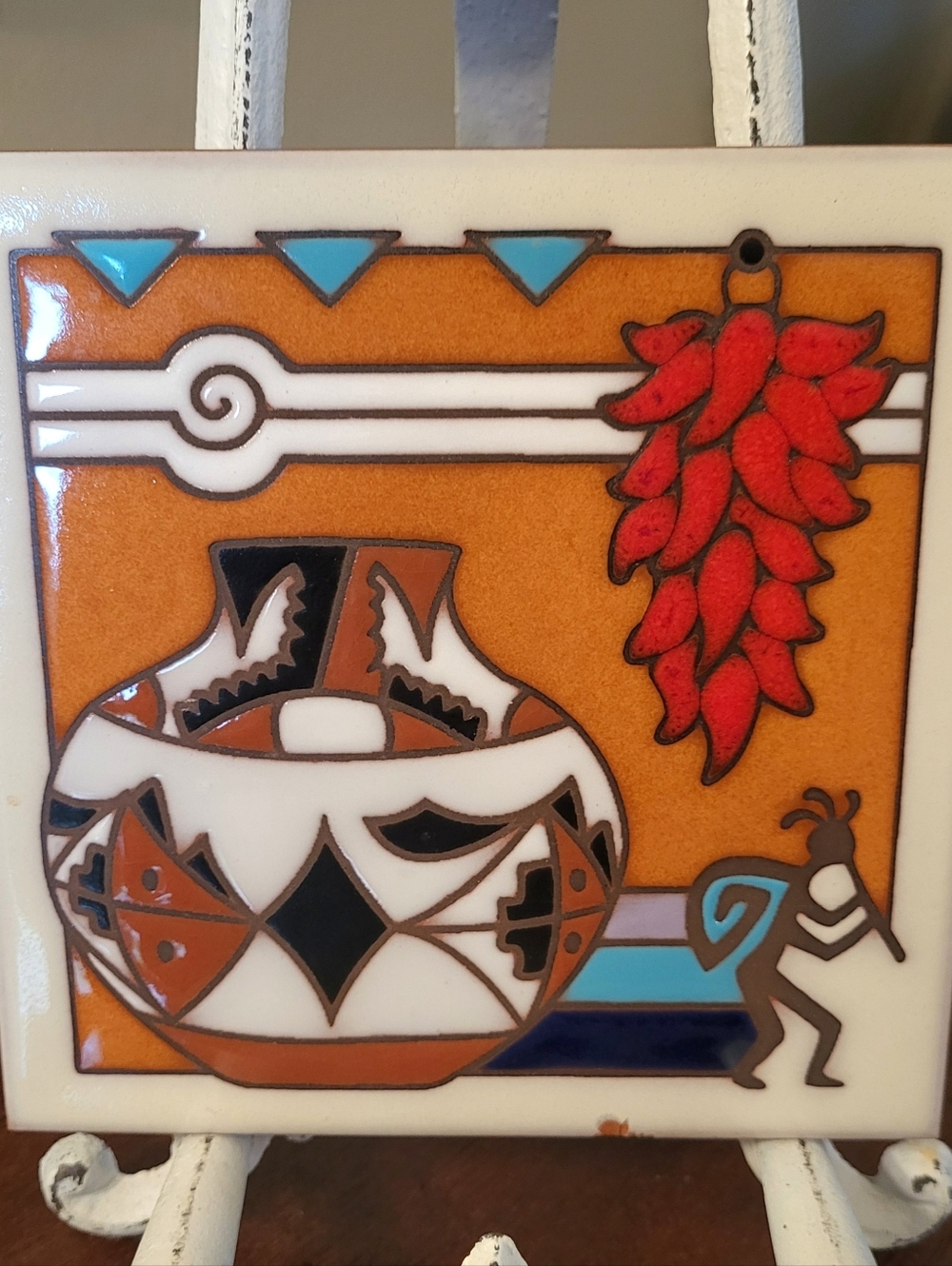 Masterworks Hand Crafted Art Tile Southwest Pueblo Red Chili Kokopelli Sq Trivet
